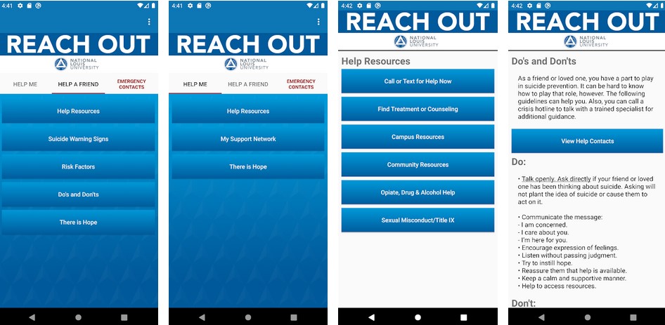 Screenshots of the NLU Reachout App