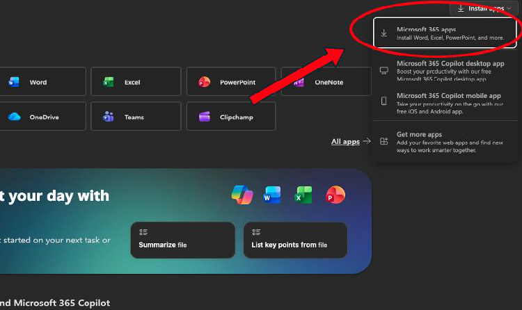 Screenshot of the install apps page in Microsoft Copilot